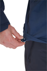 Rab Men's Firewall Light Waterproof Jacket in Tempest Blue - hem adjustment detail, worn (reference only, not a stocked colour)