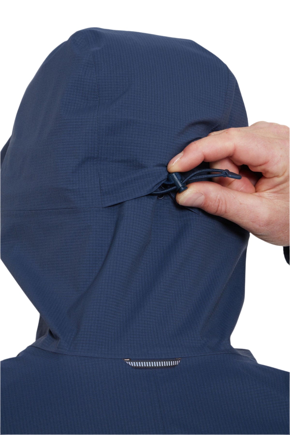 Rab Men's Firewall Light Waterproof Jacket in Tempest Blue - hood cinch detail, worn (reference only, not a stocked colour)