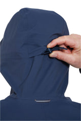 Rab Men's Firewall Light Waterproof Jacket in Tempest Blue - hood cinch detail, worn (reference only, not a stocked colour)