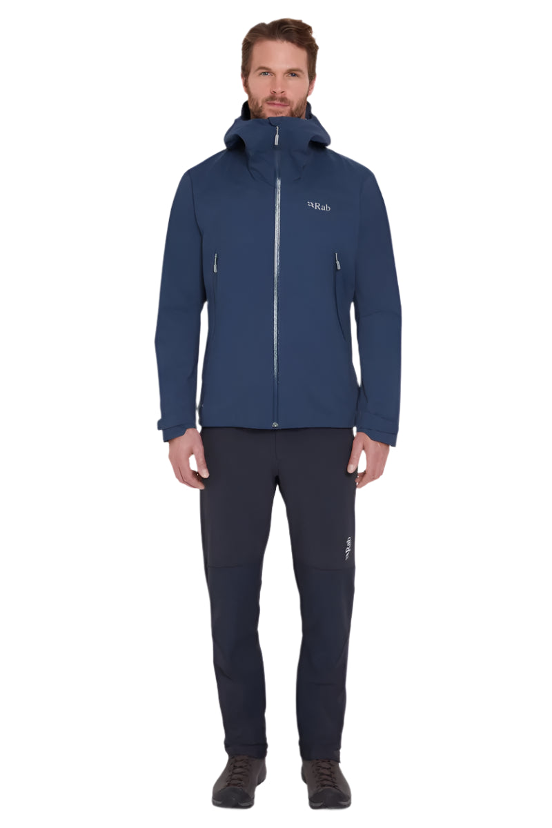 Rab Men's Firewall Light Waterproof Jacket in Tempest Blue - worn, front (reference only, not a stocked colour)