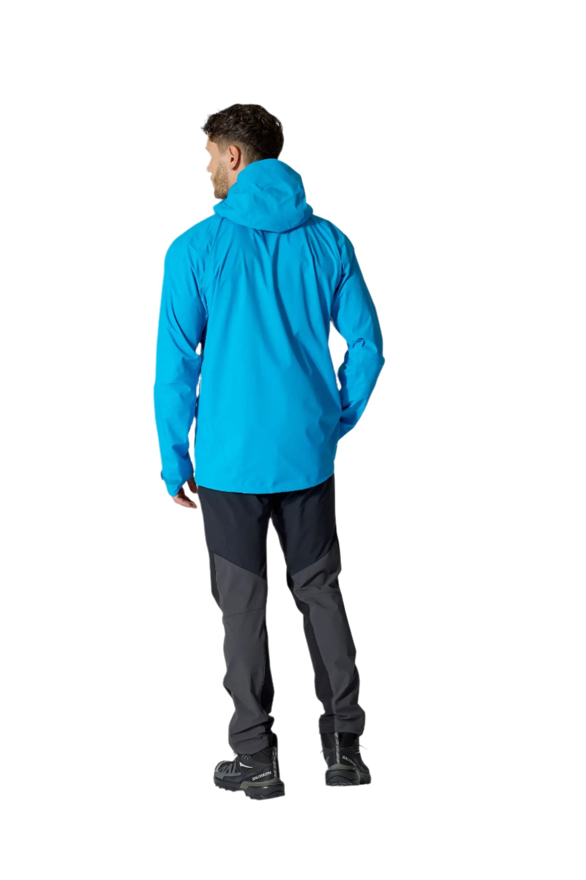 Rab Men's Firewall Mountain Waterproof Jacket in Maya Blue - back, worn