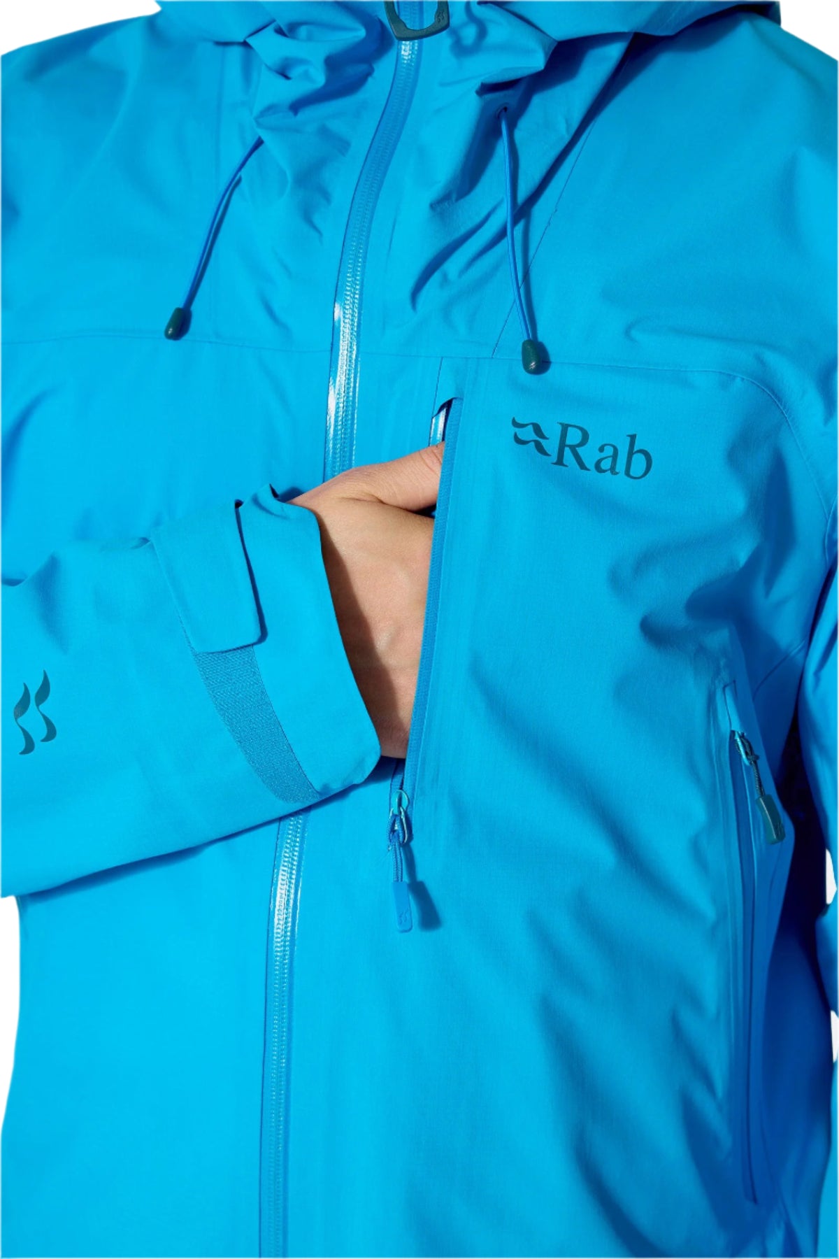 Rab Men's Firewall Mountain Waterproof Jacket in Maya Blue - chest pocket detail, worn