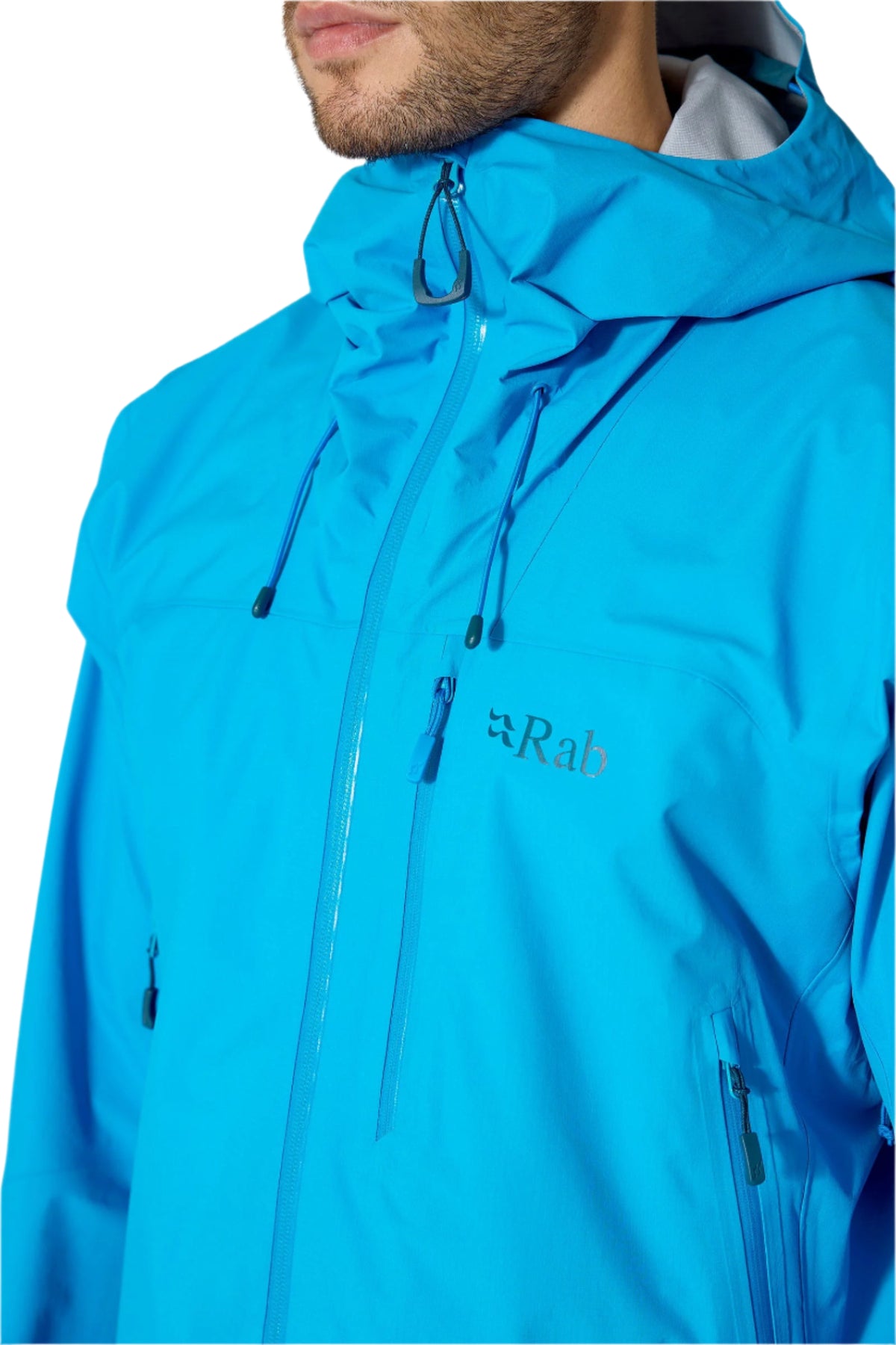 Rab Men's Firewall Mountain Waterproof Jacket in Maya Blue - front detail, worn
