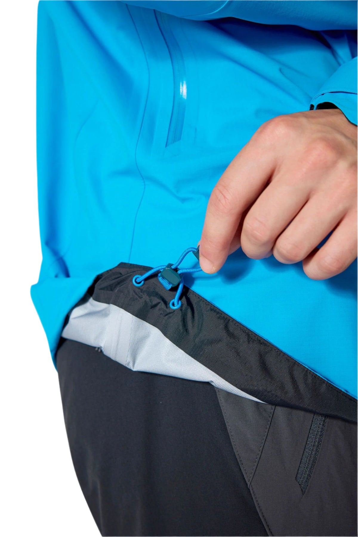 Rab Men's Firewall Mountain Waterproof Jacket in Maya Blue - hem adjustment detail, worn