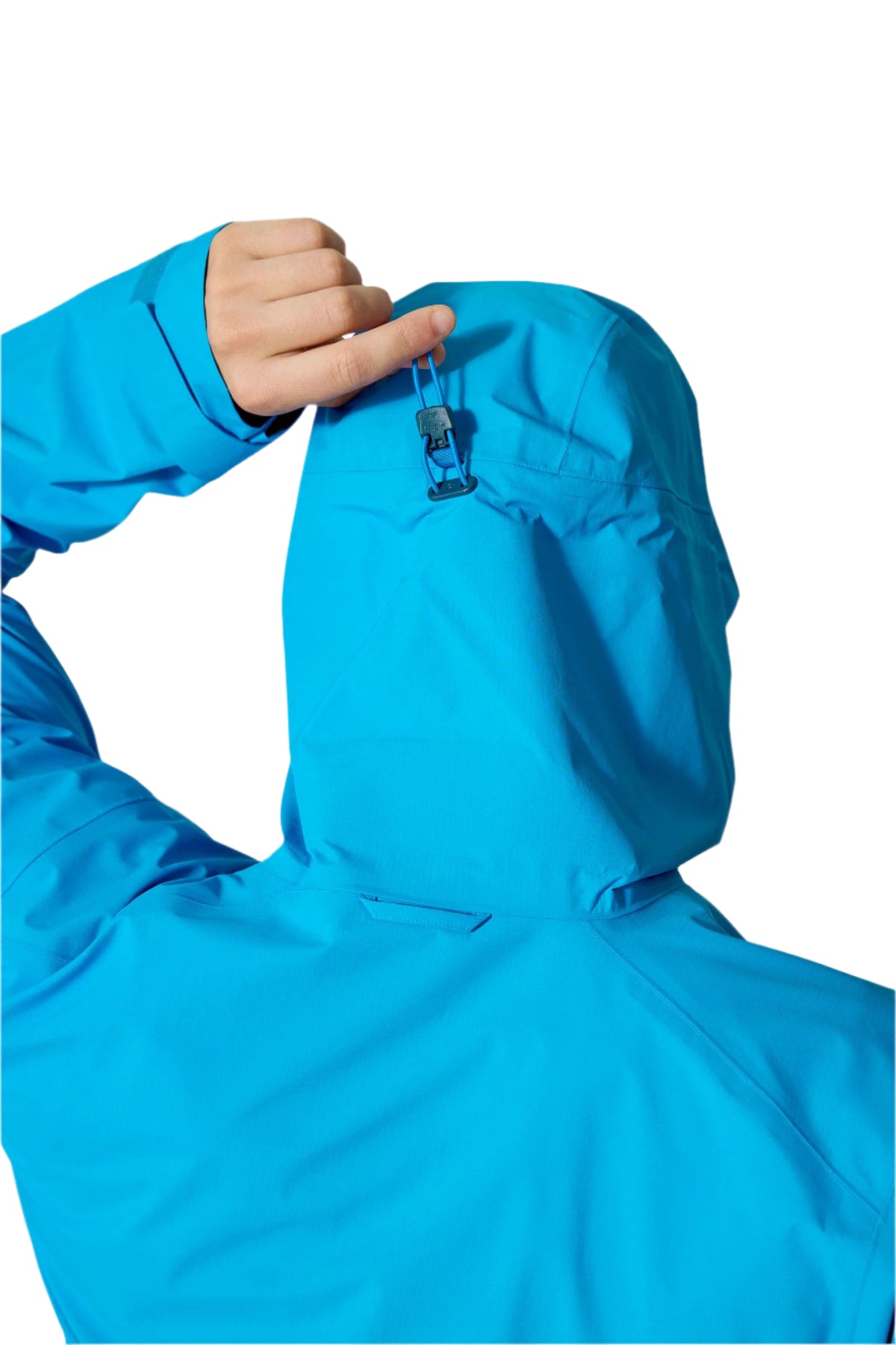 Rab Men's Firewall Mountain Waterproof Jacket in Maya Blue - hood cinch detail, worn