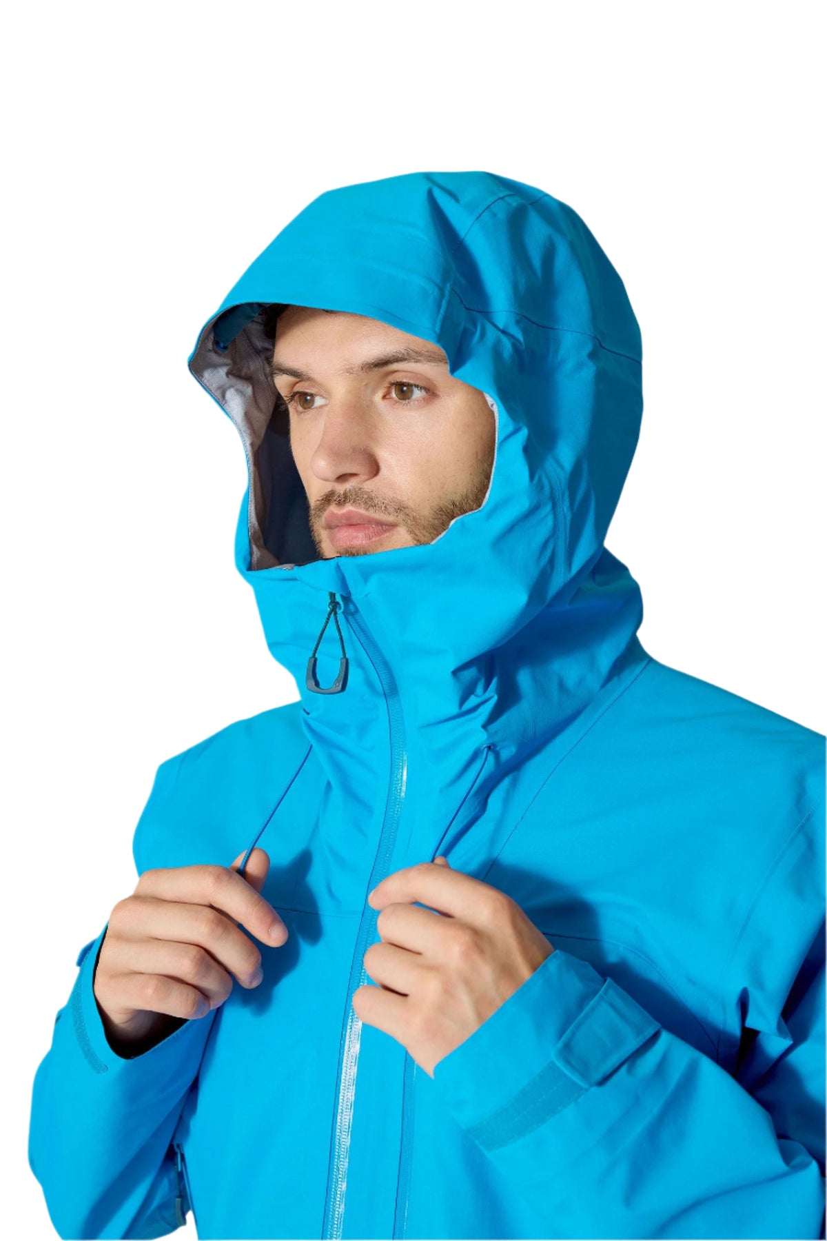 Rab Men's Firewall Mountain Waterproof Jacket in Maya Blue - hood detail, worn
