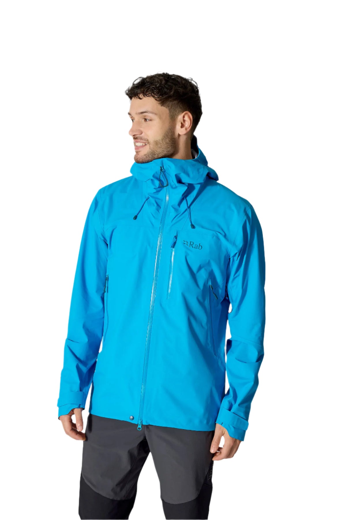 Rab Men's Firewall Mountain Waterproof Jacket in Maya Blue - worn, front