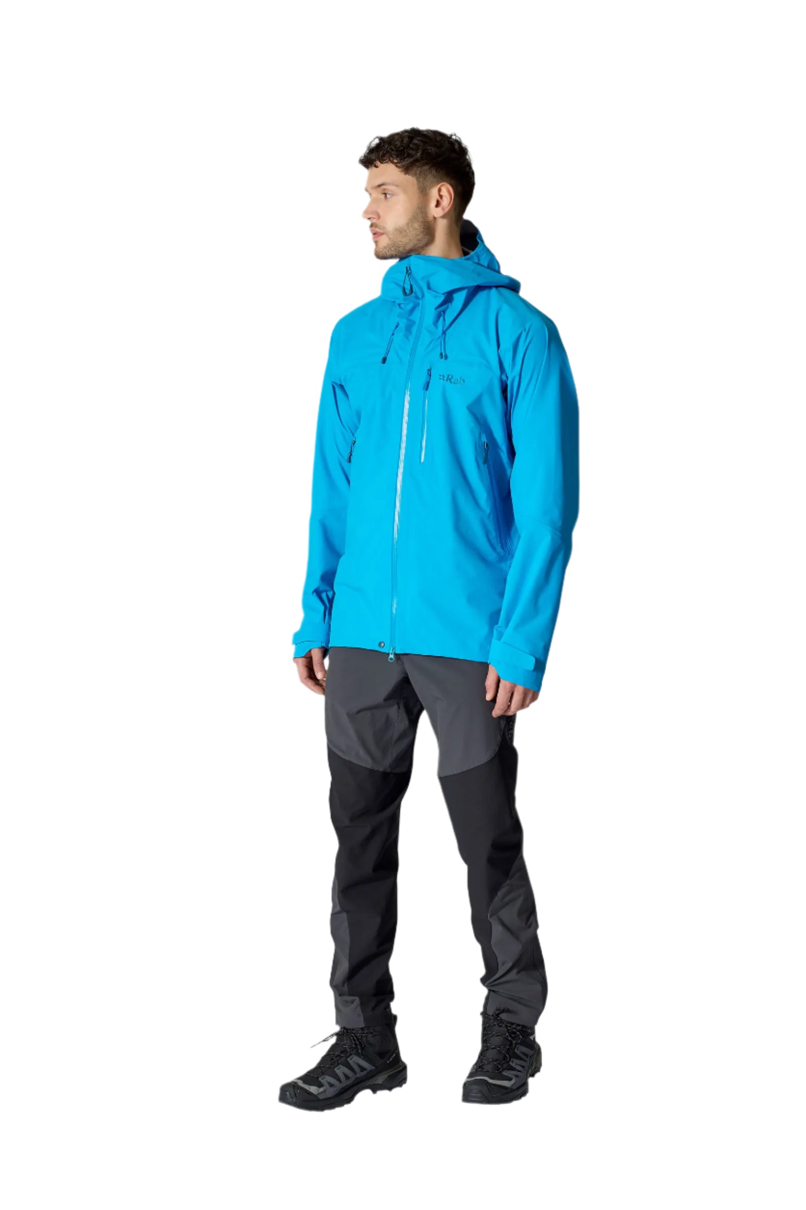 Rab Men's Firewall Mountain Waterproof Jacket in Maya Blue - worn, full length