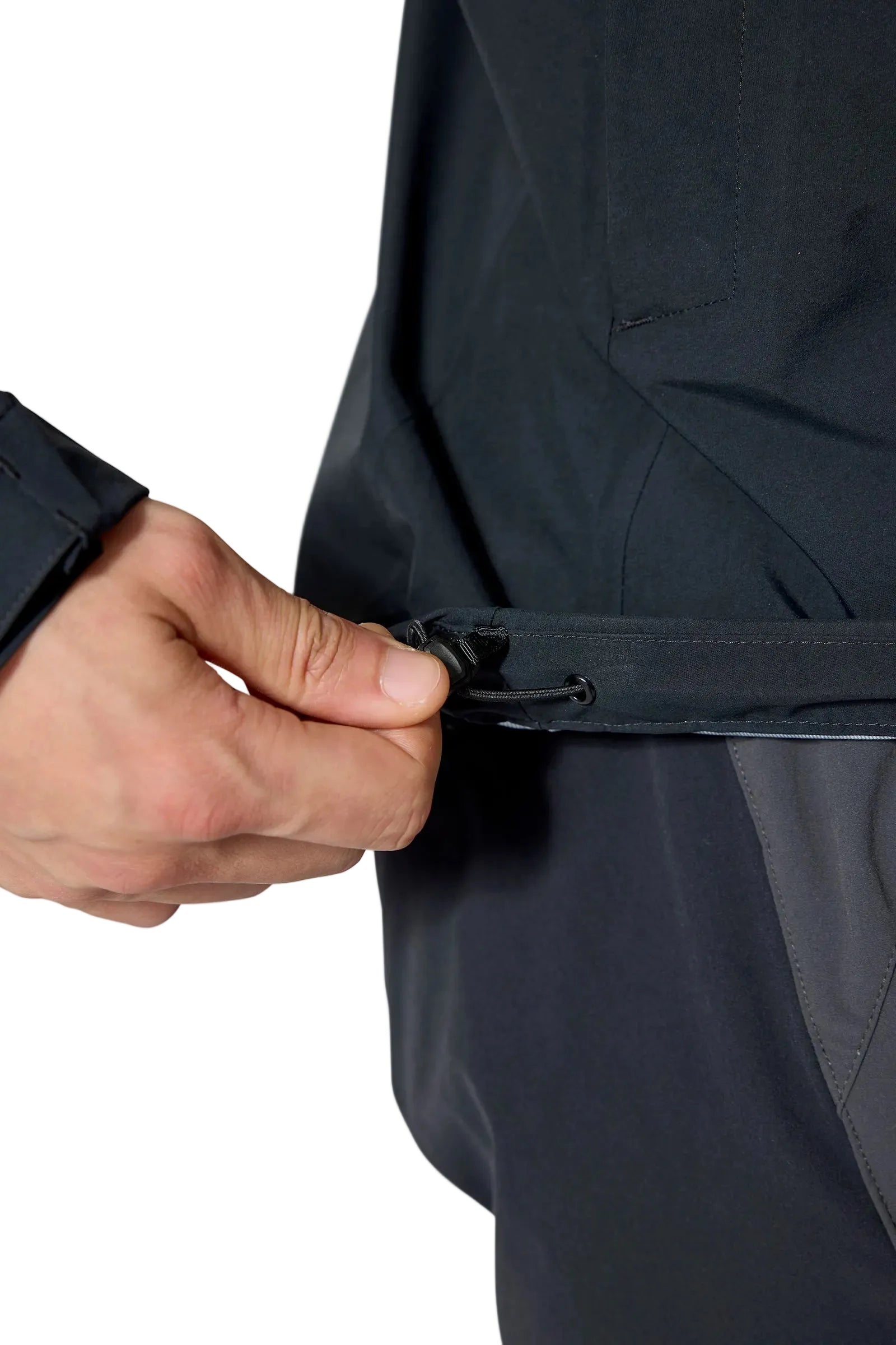 Rab Men's Firewall Waterproof Jacket in Black - hem adjustment detail on model