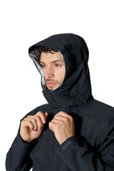 Rab Men's Firewall Waterproof Jacket in Black - hood detail on model, front
