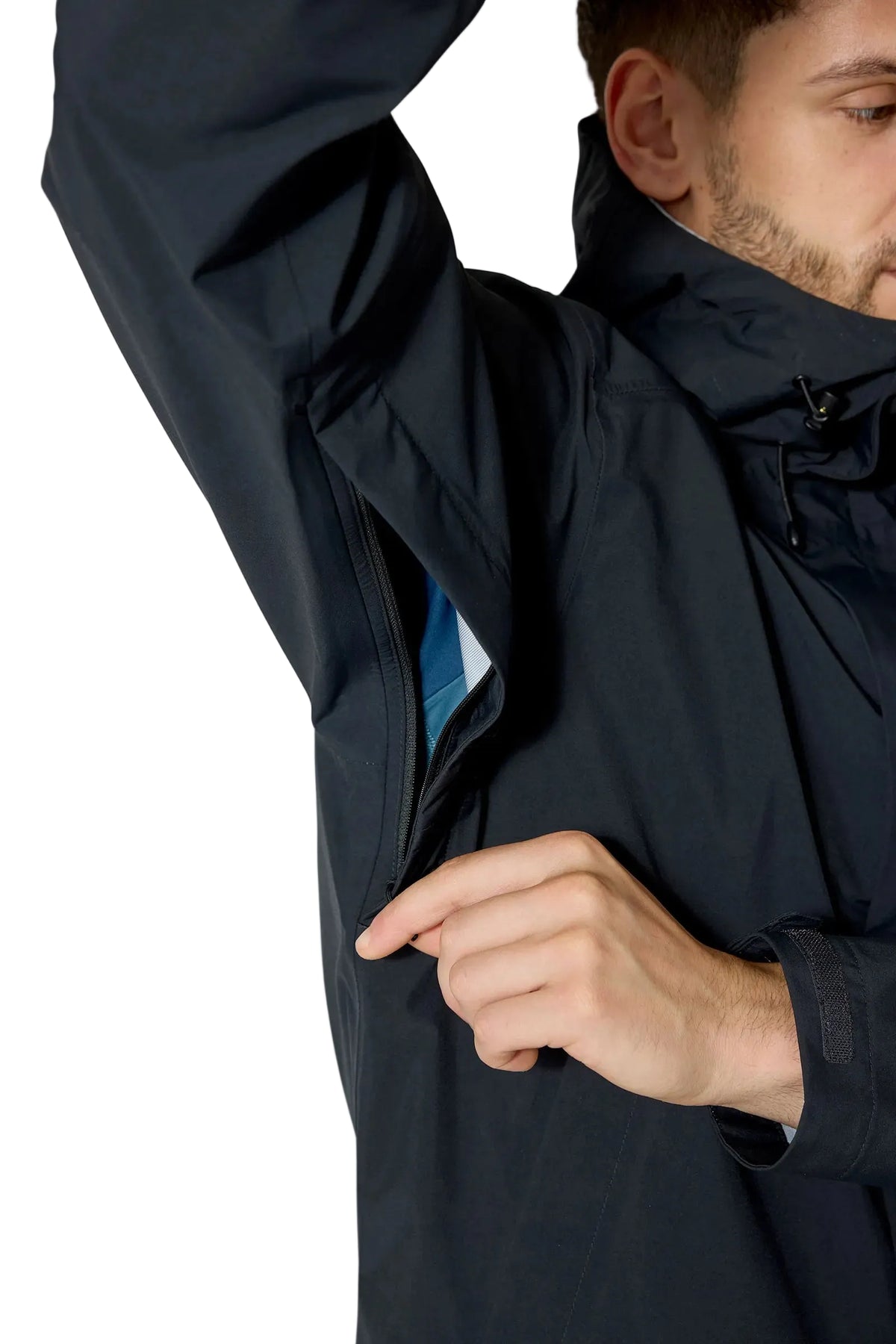 Rab Men's Firewall Waterproof Jacket in Black - underarm vent detail on model