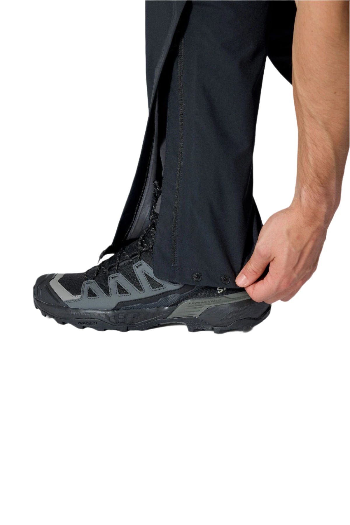Rab Men's Firewall Waterproof Pants in Black - hem detail, worn