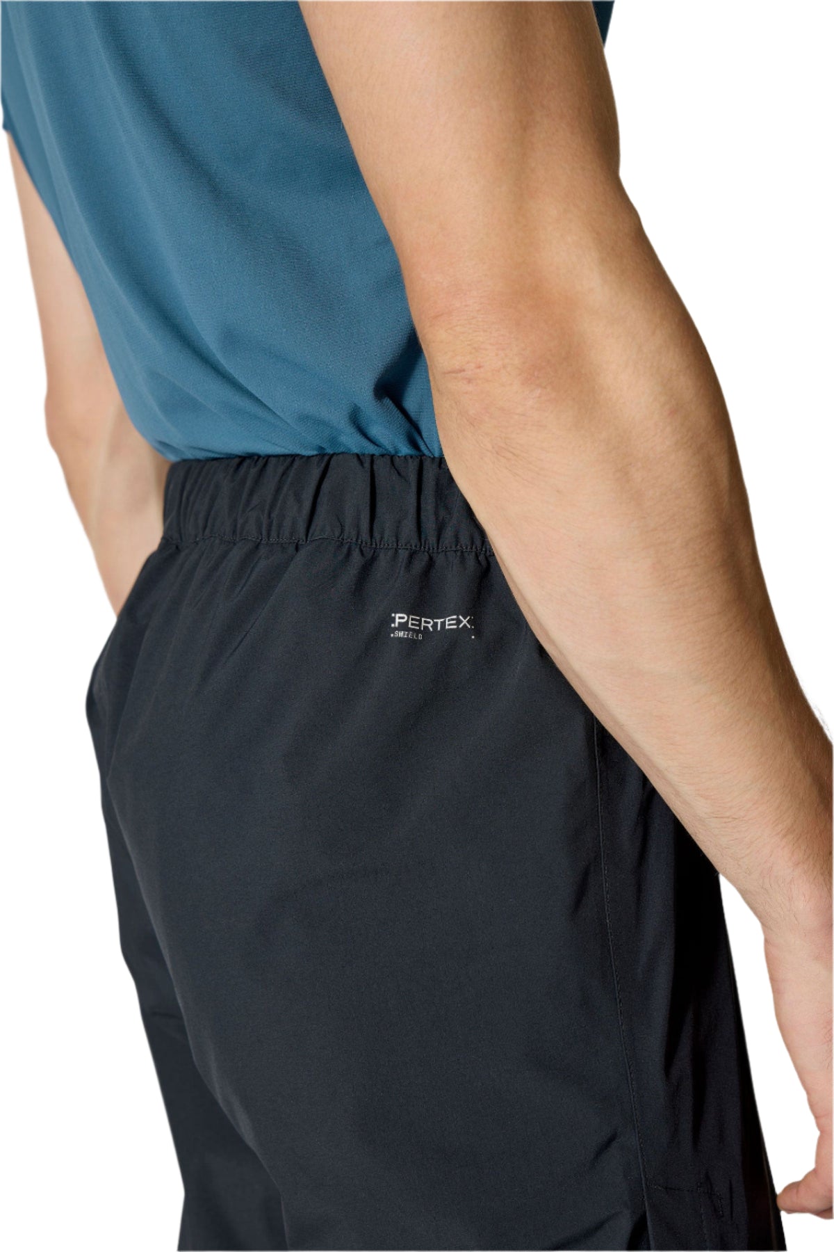 Rab Men's Firewall Waterproof Pants in Black - hip pocket detail, worn