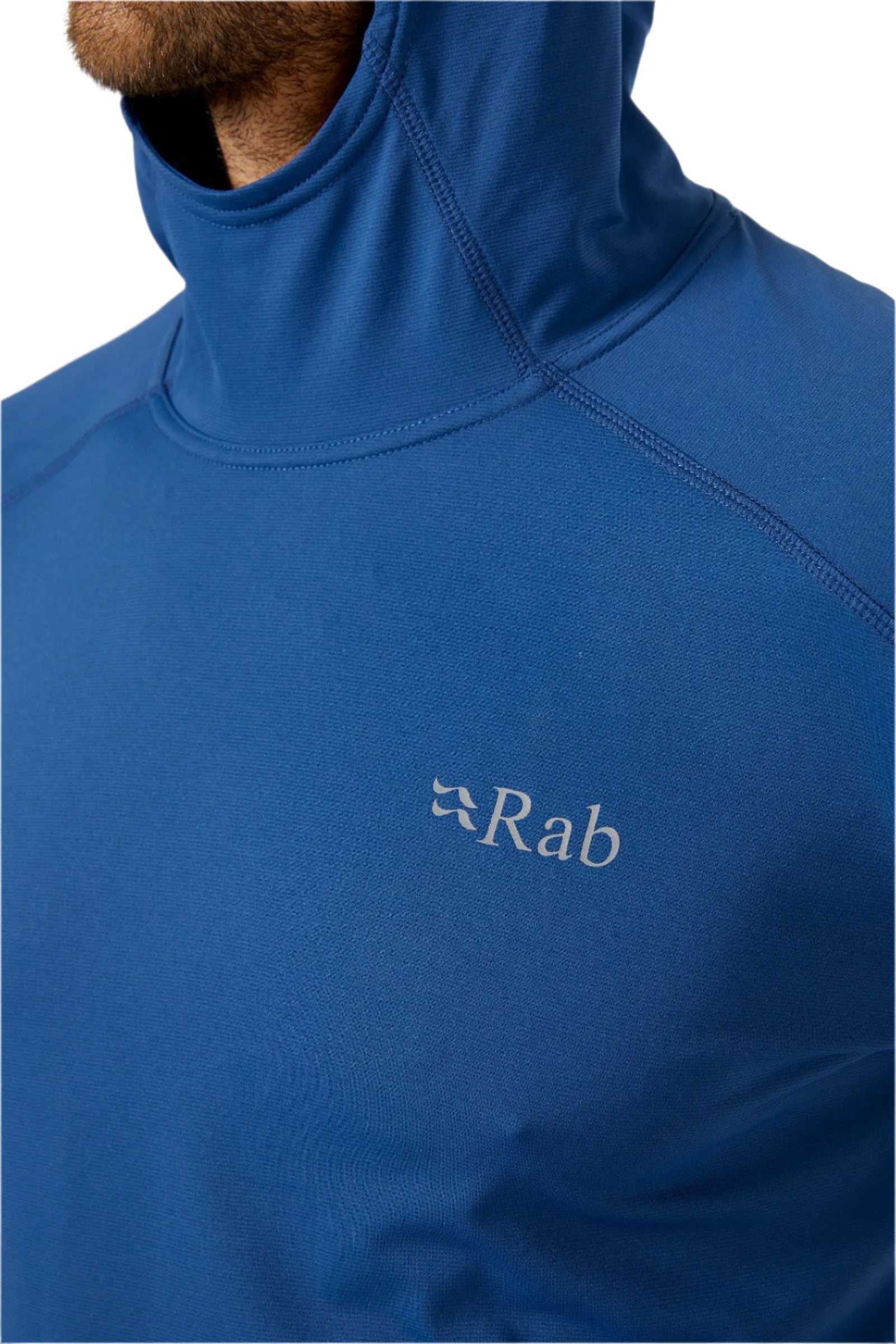 Rab Men's Force Hoody in Blue (styling reference) - chest logo detail