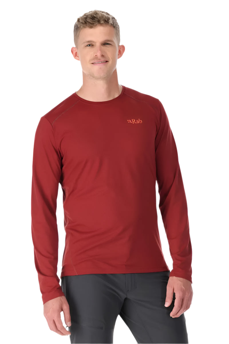 Rab Men's Force LS Tee in Oxblood Red (styling reference) - worn
