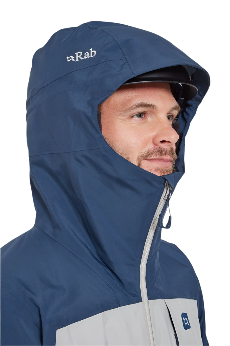 Rab Men's Khroma Converge GORE-TEX Ski Jacket in Tempest Blue/Light Zinc - hood detail, worn (reference only, not a stocked colour)