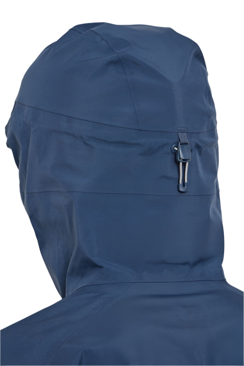 Rab Men's Khroma Converge GORE-TEX Ski Jacket in Tempest Blue/Light Zinc - hood zip detail, worn (reference only, not a stocked colour)