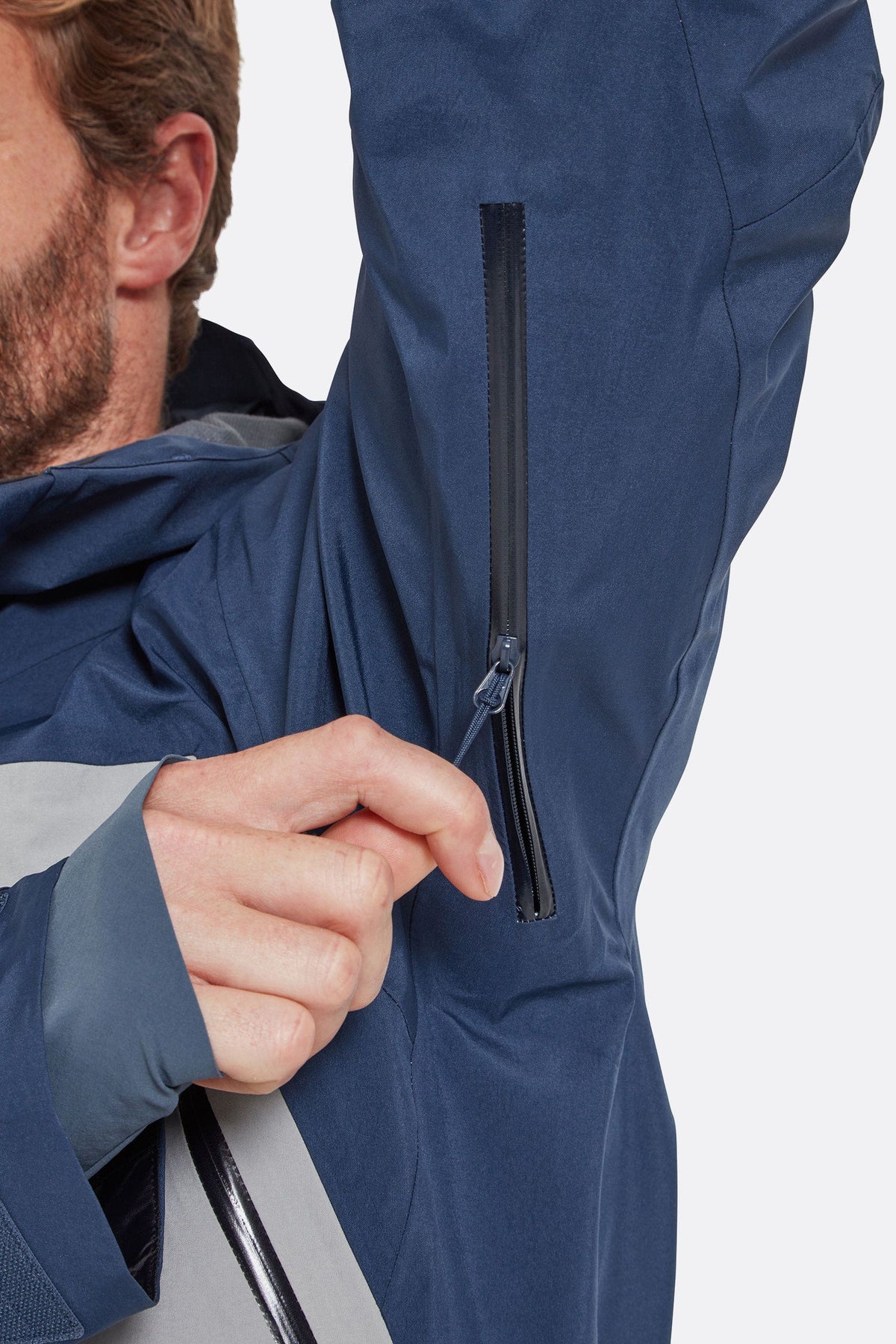 Rab Men's Khroma Converge GORE-TEX Ski Jacket in Tempest Blue/Light Zinc - pit zip detail, worn (reference only, not a stocked colour)