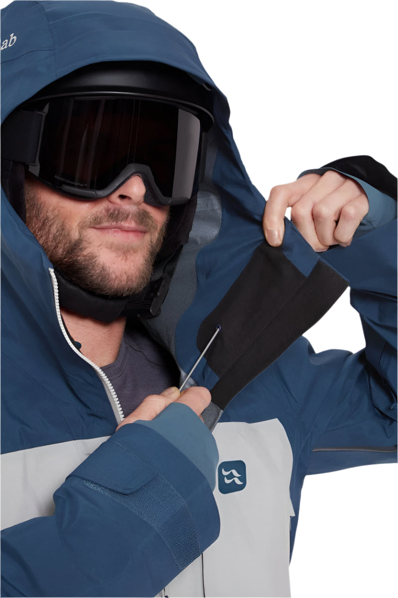 Rab Men's Khroma Converge GORE-TEX Ski Jacket in Tempest Blue/Light Zinc - worn with goggles, front (reference only, not a stocked colour)