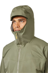 Rab Men's Kinetic 2.0 Waterproof Jacket in Green (styling reference) - worn, hood up, front