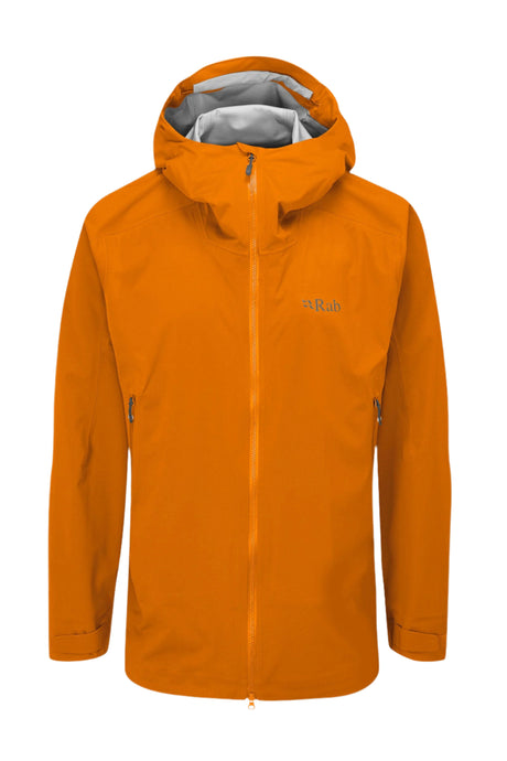 Rab Men's Kinetic Alpine 2.0 Waterproof Jacket in Marmalade - flat lay, hood up