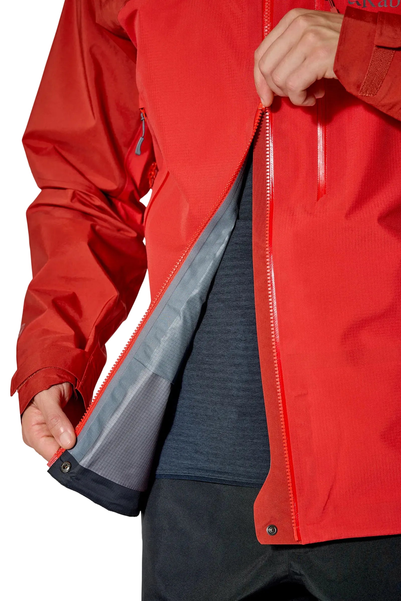 Rab Men's Latok Mountain GORE-TEX Pro Jacket in Tuscan Red/Dark Horizon (styling reference) - chest pocket detail, worn