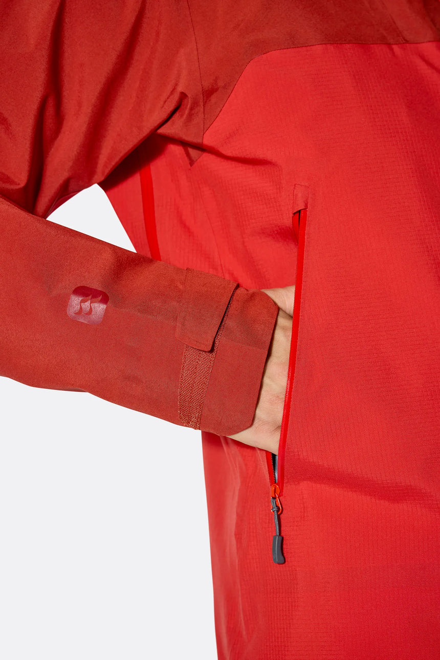 Rab Men's Latok Mountain GORE-TEX Pro Jacket in Tuscan Red/Dark Horizon (styling reference) - cuff detail, worn