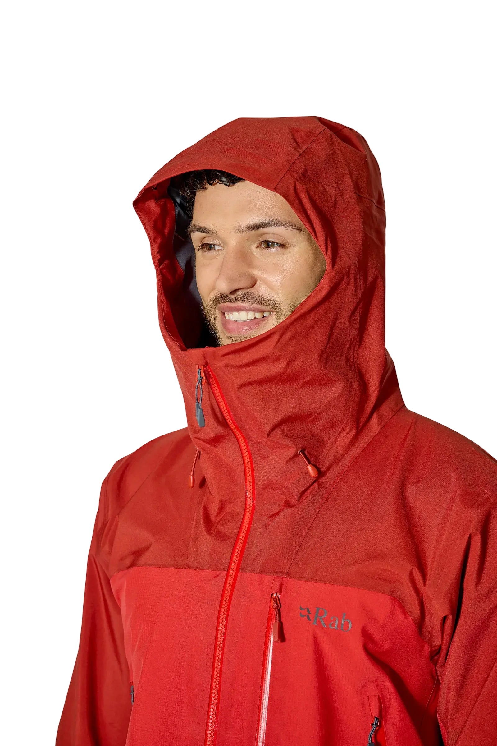 Rab Men's Latok Mountain GORE-TEX Pro Jacket in Tuscan Red/Dark Horizon (styling reference) - worn, hood up, front