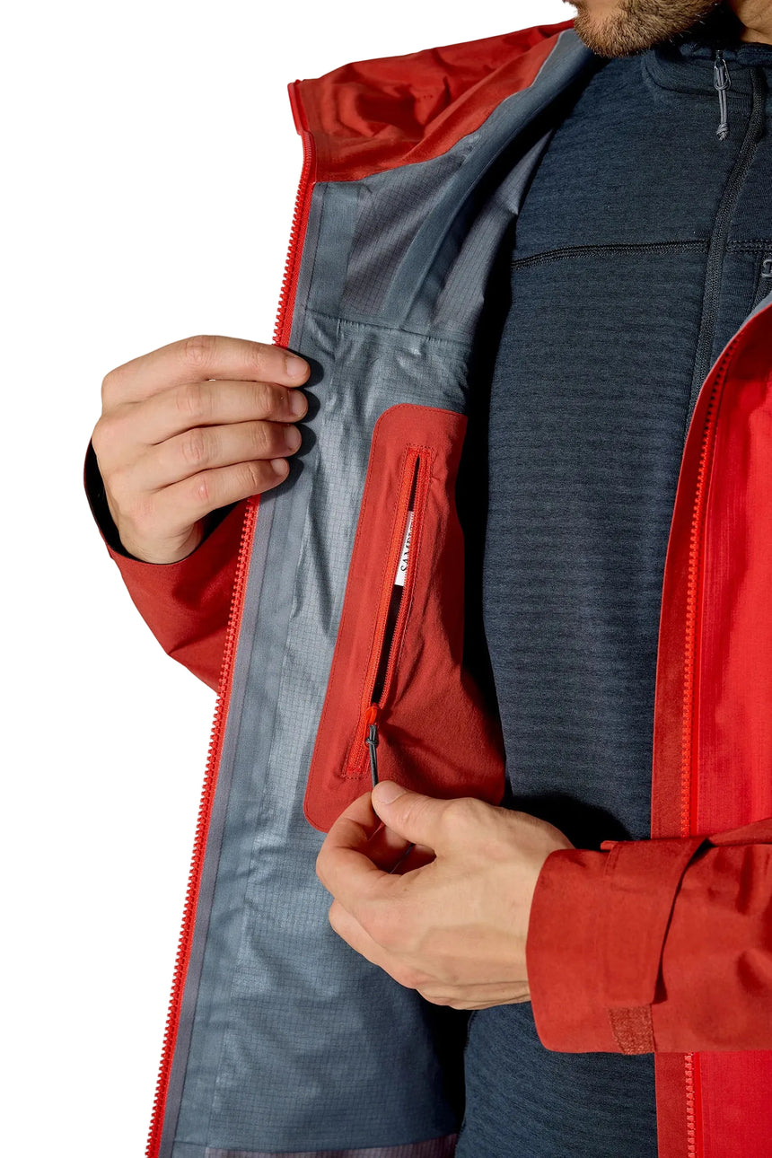 Rab Men's Latok Mountain GORE-TEX Pro Jacket in Tuscan Red/Dark Horizon (styling reference) - inner pocket detail, worn