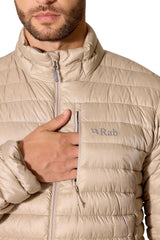 Rab Men's Microlight Down Jacket in Dark Pebble (Reference) - Chest Pocket Detail, Worn