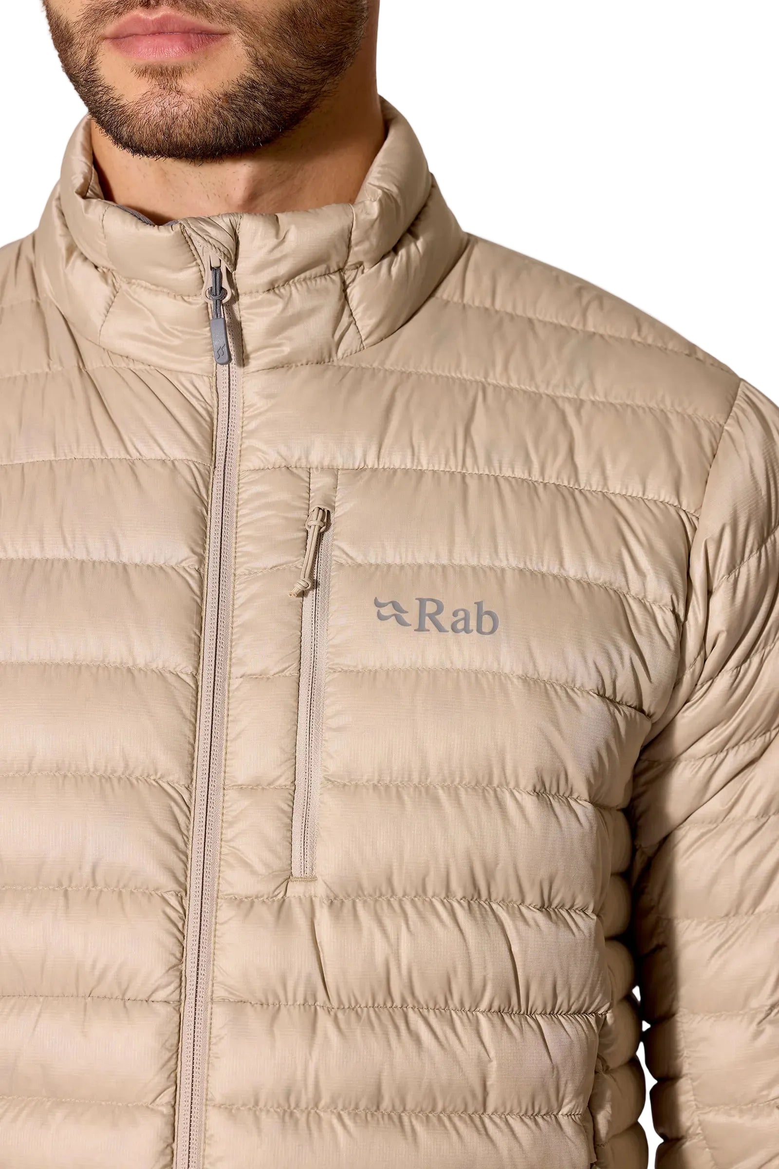 Rab Men's Microlight Down Jacket in Dark Pebble (Reference) - Collar Zip Detail, Worn