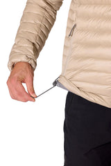 Rab Men's Microlight Down Jacket in Dark Pebble (Reference) - Hem Drawcord Detail, Worn