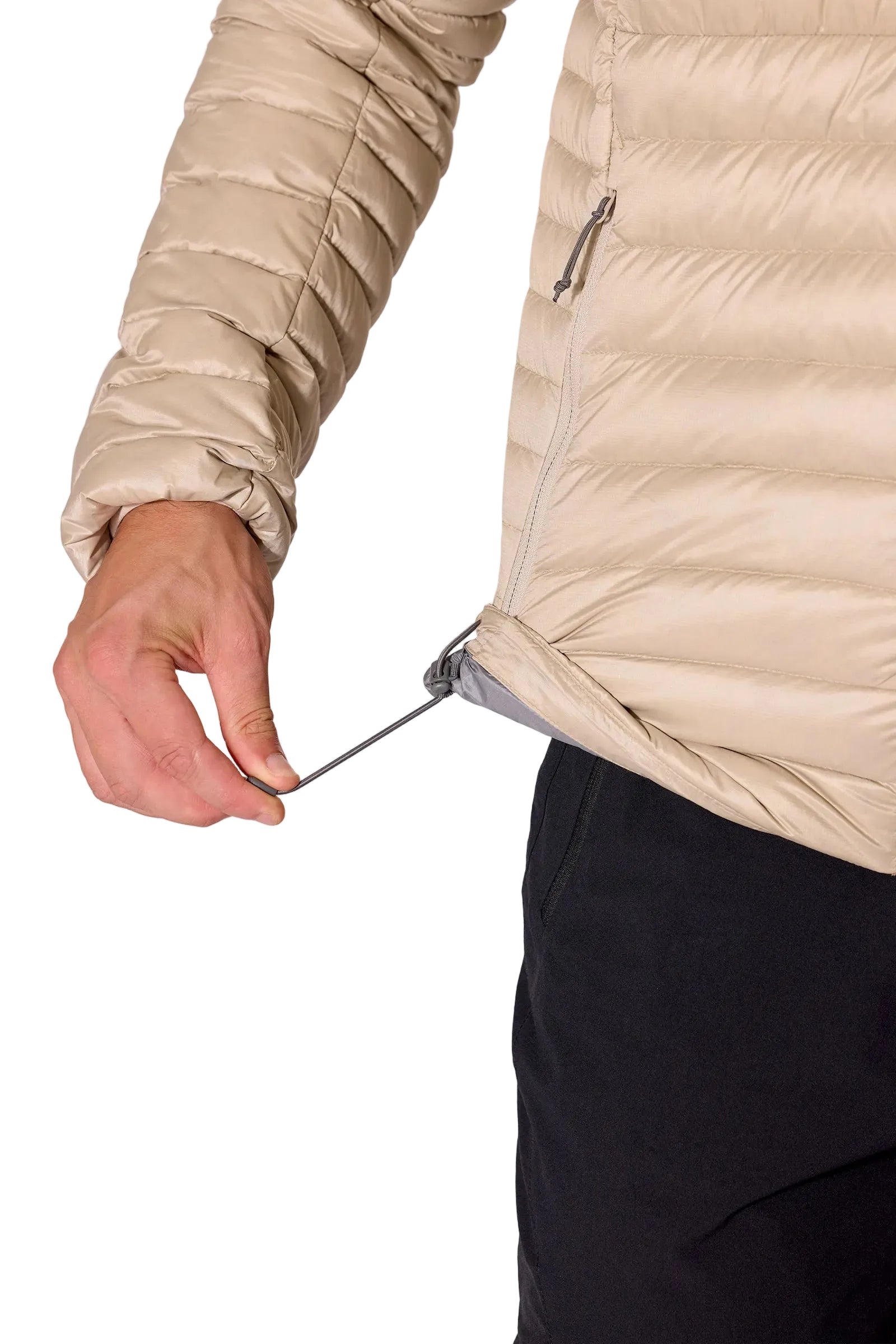 Rab Men's Microlight Down Jacket in Dark Pebble (Reference) - Hem Drawcord Detail, Worn