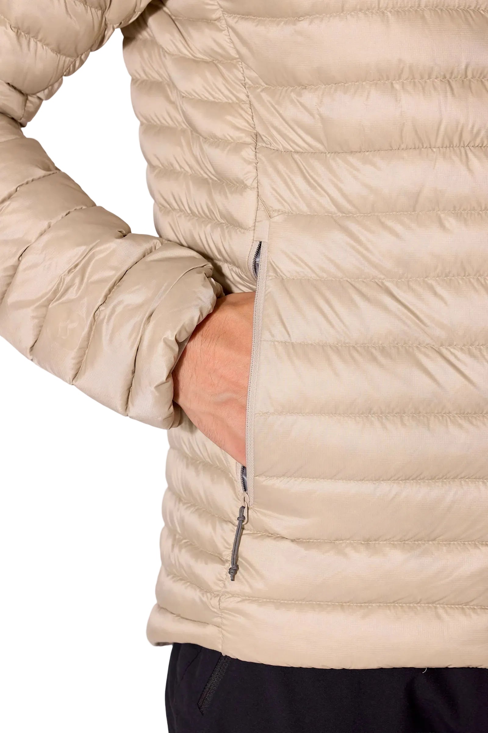 Rab Men's Microlight Down Jacket in Dark Pebble (Reference) - Hip Pocket Detail, Worn