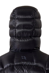 Rab Men's Mythic Alpine Down Jacket in Black - worn, hood up, back, detail