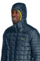 Rab Men's Mythic Alpine Light Down Jacket in Orion Blue (styling reference) - worn, hood up, detail