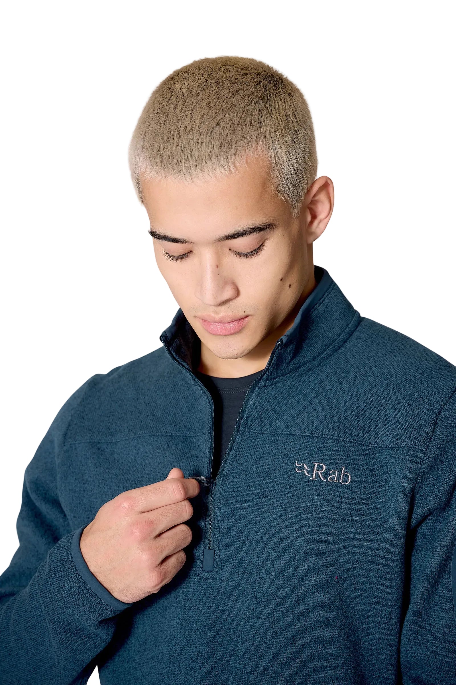 Rab Men's Ryvoan Pull-On in Tempest Blue - worn, zip pull detail