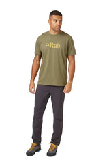 Rab Men's Stance Logo SS Tee in Light Khaki (styling reference) - worn, front, full body