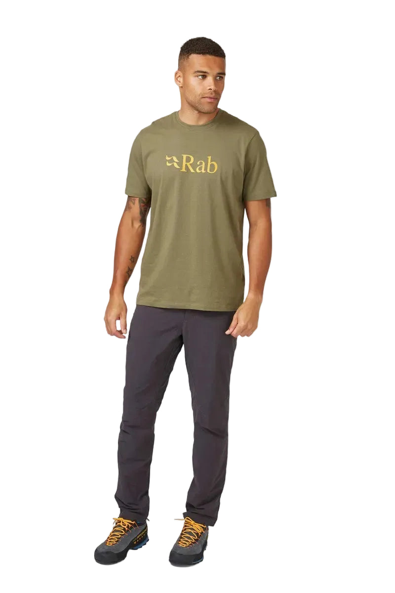 Rab Men's Stance Logo SS Tee in Light Khaki (styling reference) - worn, front, full body