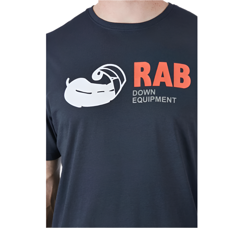 Rab Men's Stance Vintage SS Tee in Navy (styling reference) - chest logo detail