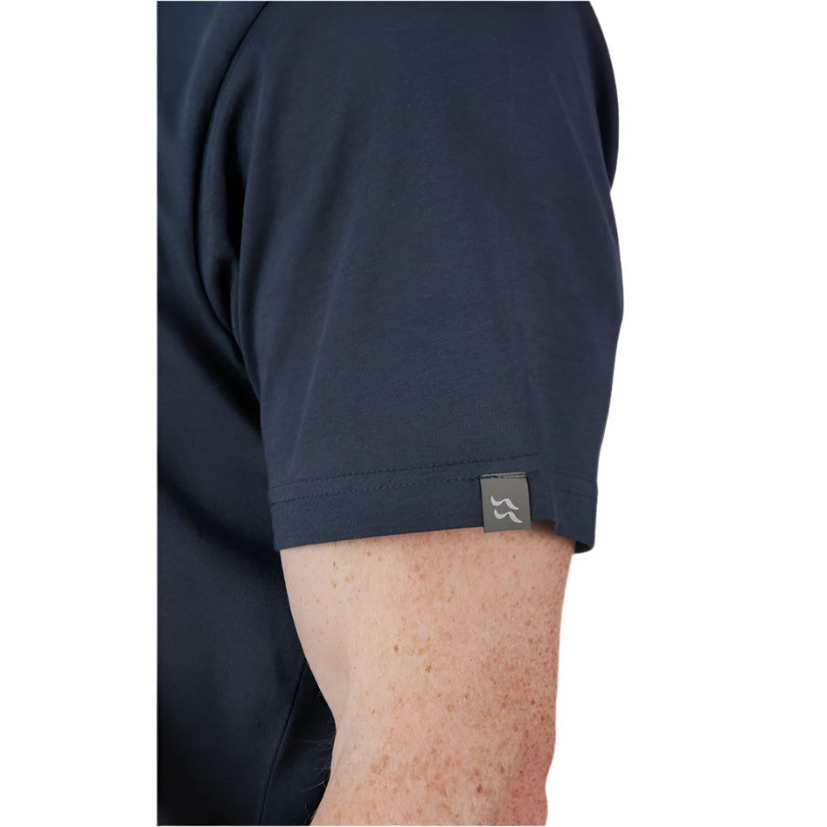 Rab Men's Stance Vintage SS Tee in Navy (styling reference) - sleeve label detail