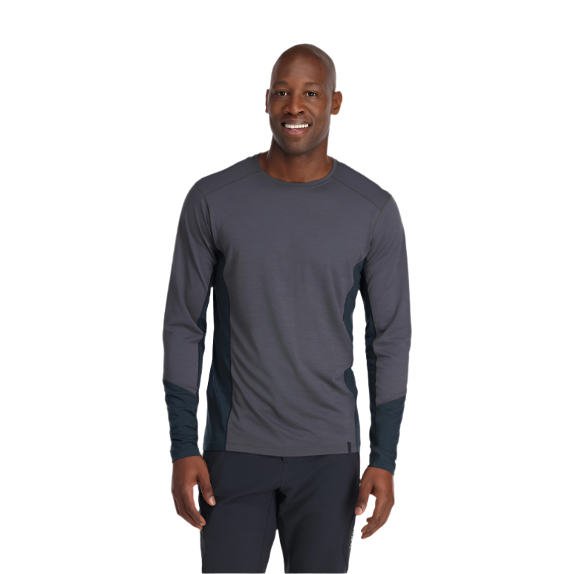 Rab Men's Syncrino Base LS Tee in Graphene - worn