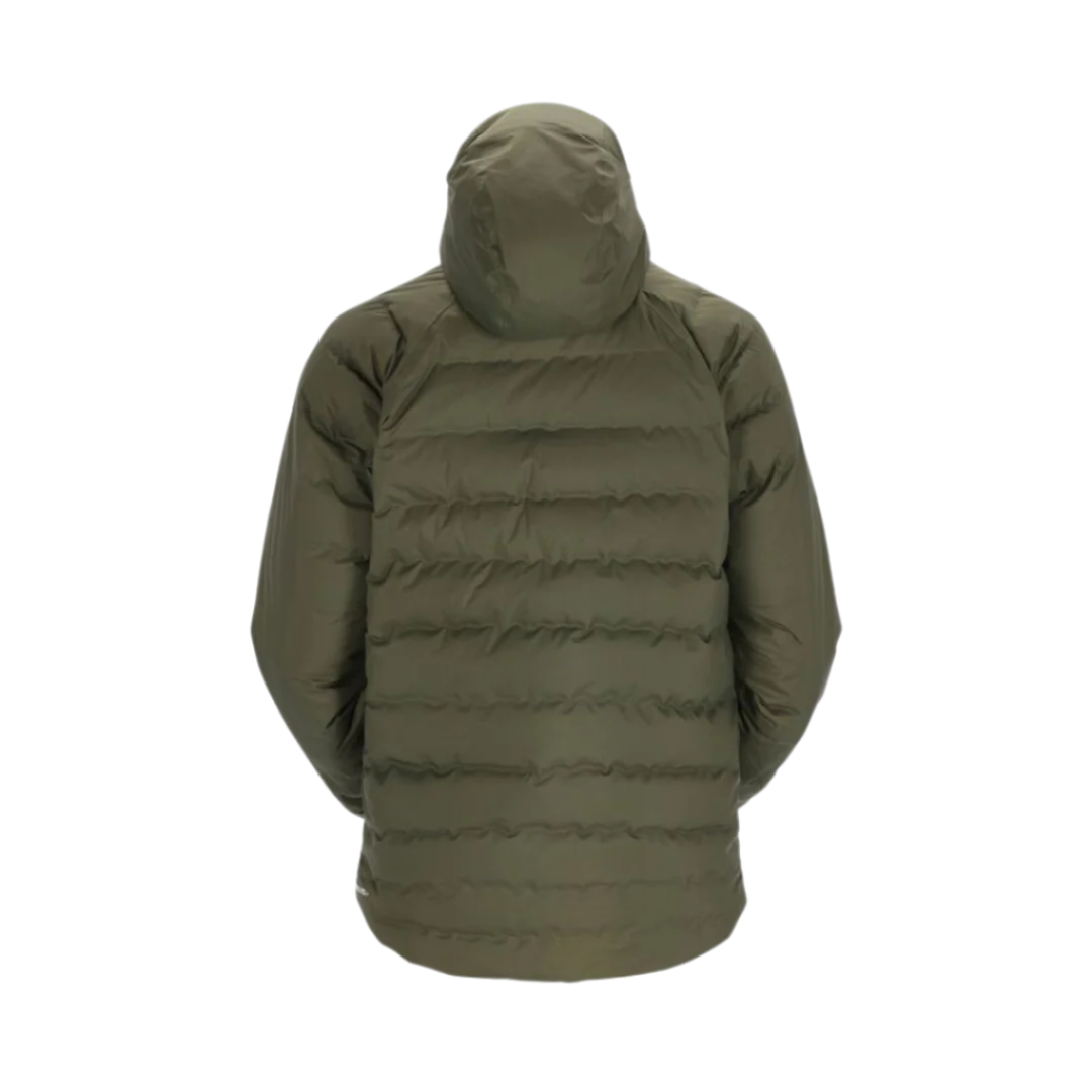 Rab Men's Valiance Waterproof Down Jacket in Army - worn, back, hood up