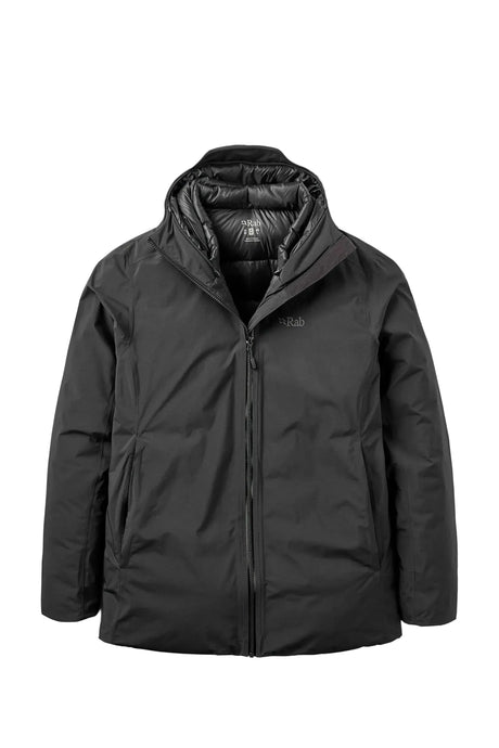 Rab Men's Valiance Waterproof Down Jacket in Black - flat lay, front