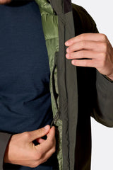 Rab Men's Valiance Waterproof Down Jacket in Dark Army (styling reference) - front zip detail