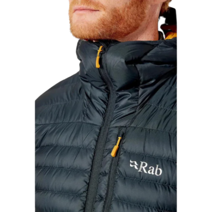 Rab Men's Microlight Alpine Down Jacket in Black - worn, collar/chest detail