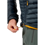 Rab Men's Microlight Alpine Down Jacket in Black - worn, hem drawcord detail, alternate angle
