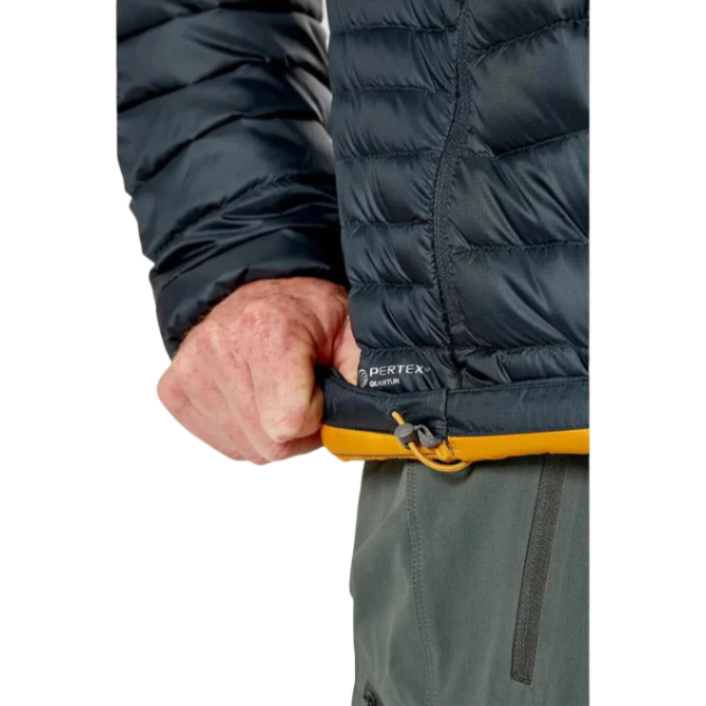 Rab Men's Microlight Alpine Down Jacket in Black - worn, hem drawcord detail