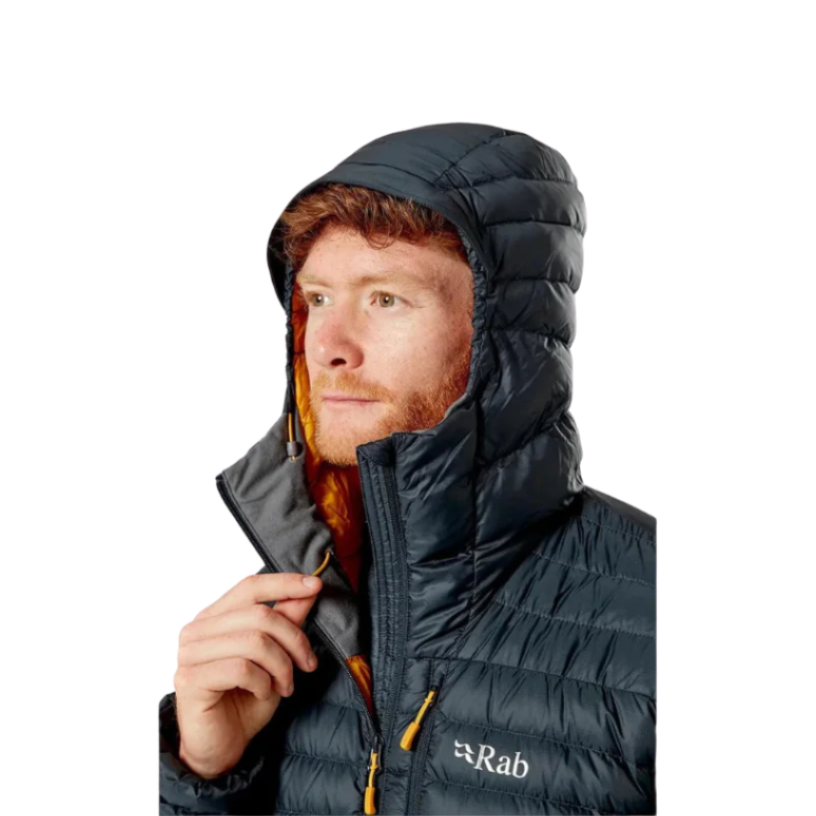 Rab Men's Microlight Alpine Down Jacket in Black - worn, hood adjustment detail