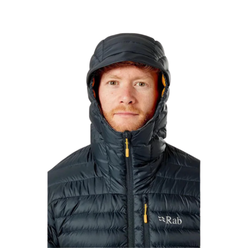 Rab Men's Microlight Alpine Down Jacket in Black - worn, hood up, front
